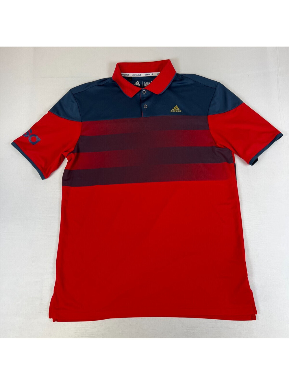 Adidas Golf Men M Red Navy Blue Climachill Striped Performance Polo Shirt